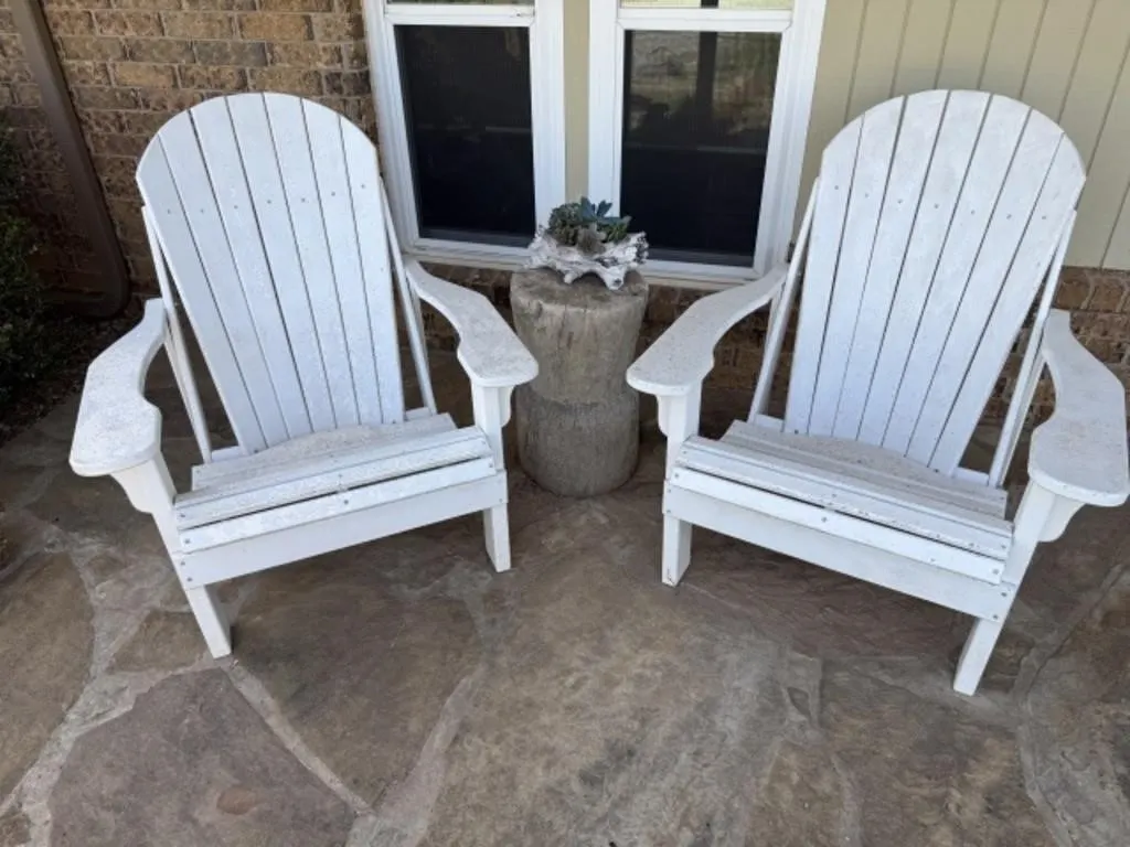 2 Adirondack Chairs, Artificial Plant, Side Table