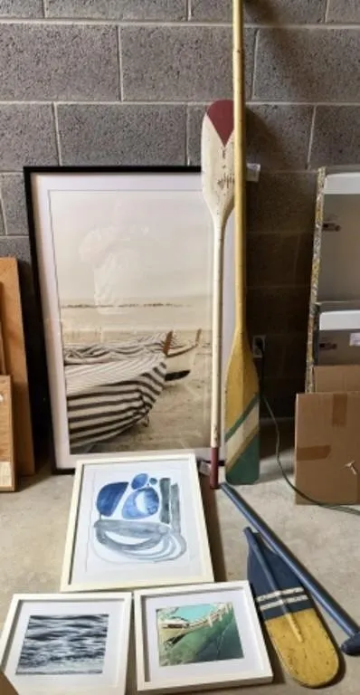 4 Various Sized Framed Wall Art, Decorative Oars