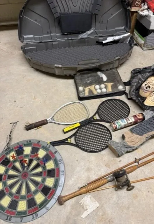 Dart Board, Tennis Rackets, Bow & Arrow Case,