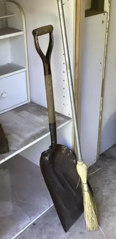 Steel scoop shovel and broom