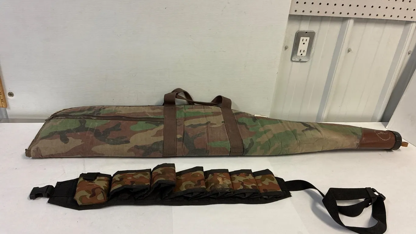 Camo ammo belt & canvas 43” gun case. Good zipper