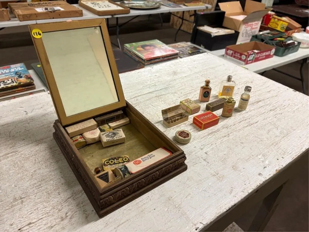Antique Jewelry Box w/misc advertisements