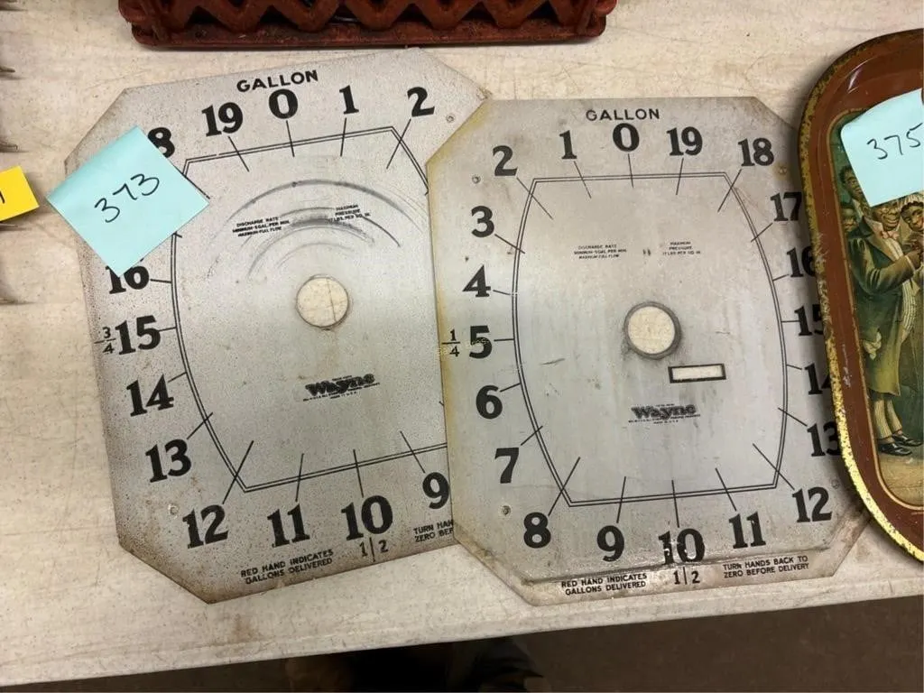 (2) Wayne Metal Gas Dispenser Dial Backs