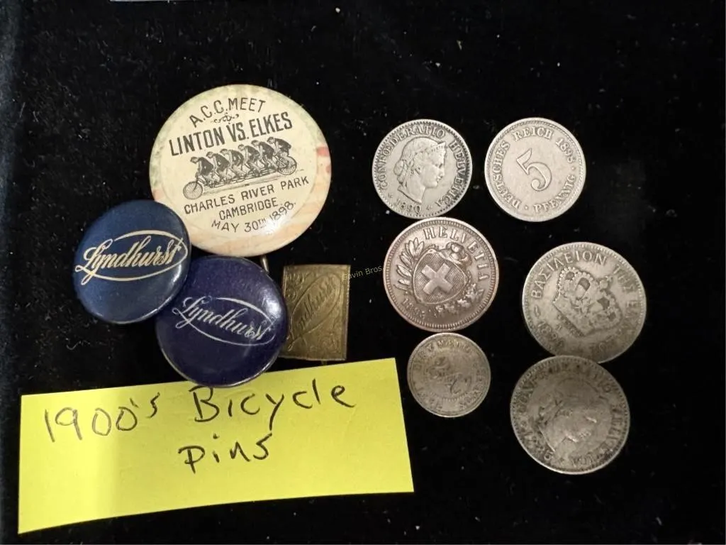 1900ss Bicycle Pins & assorted Foreign Coins