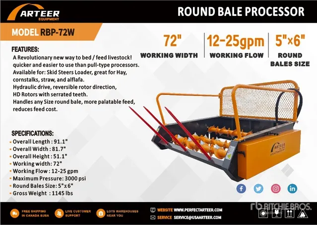 2026 ARTEER RBP-72W 72 in Skid Steer Round Bale Processor (Unused)