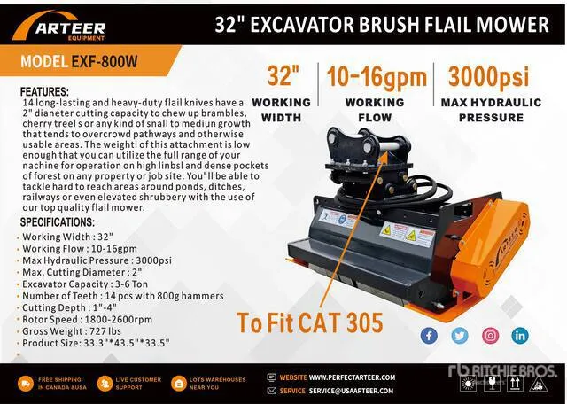 2026 ARTEER EXF-800W 32 in Excavator Flail Mower - Fits Cat 305 (Unused)