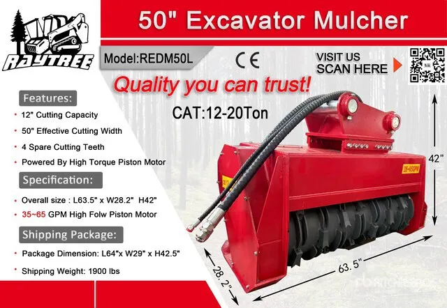 2026 Raytree REDM50L 50 in Excavator Mulcher - Fits Cat 12 - 20 ton (Unused)