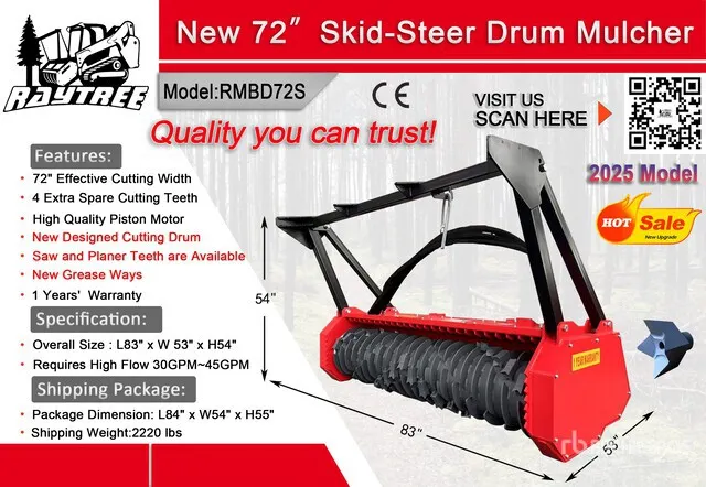2026 Raytree RMBD72S 72 in Drum Skid Steer Mulcher (Unused)