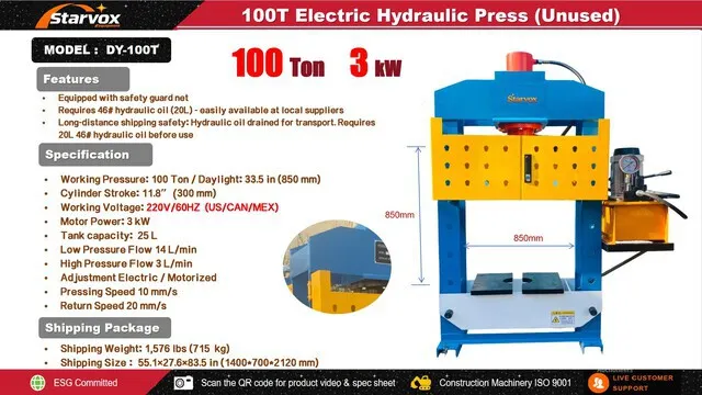 2026 STARVOX DY-100T 100 ton Electric/Hydraulic Shop Press (Unused)