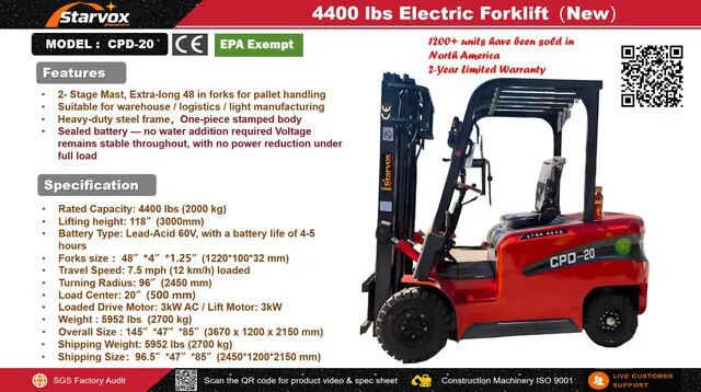 2026 STARVOX CPD-20 4400 lb Electric Forklift (Unused)