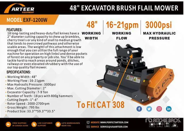 2026 ARTEER EXF-1200W 48 in Excavator Flail Mower - Fits Cat 308 (Unused)