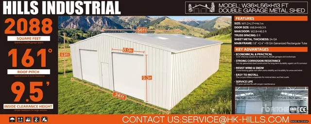 2026 HIlls Industrial 365613 36 ft x 56 ft x 13 ft Double Garage Metal Shed (Unused)