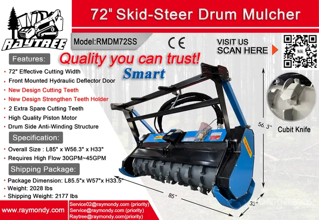 2026 Raytree RMDM72SS 72 in Drum Skid Steer Mulcher (Unused)
