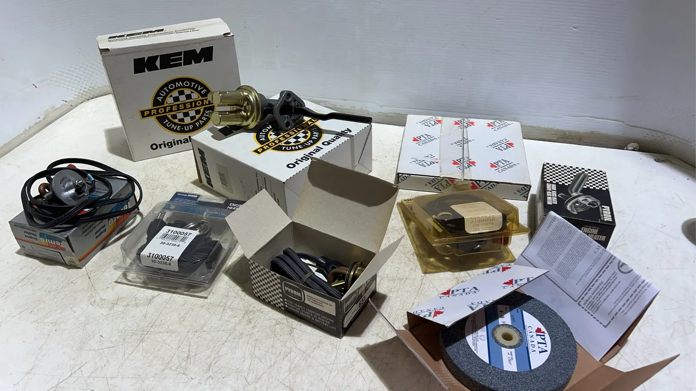 Assorted Engine Block Heaters & Fuel Pumps & Grinder Discs