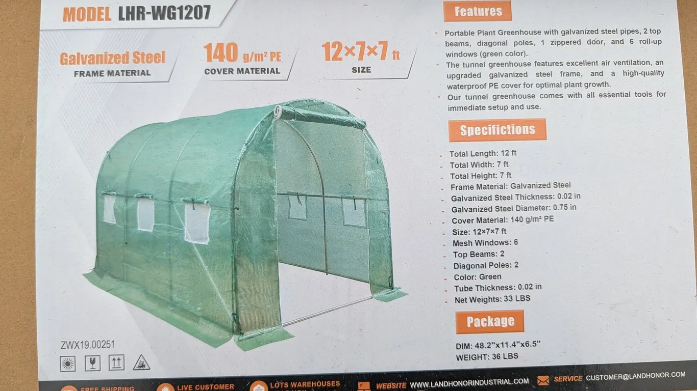 UNUSED LANDHONOR 13 X 7 X 7 FT WALK-IN GREENHOUSE LHR-WG1208