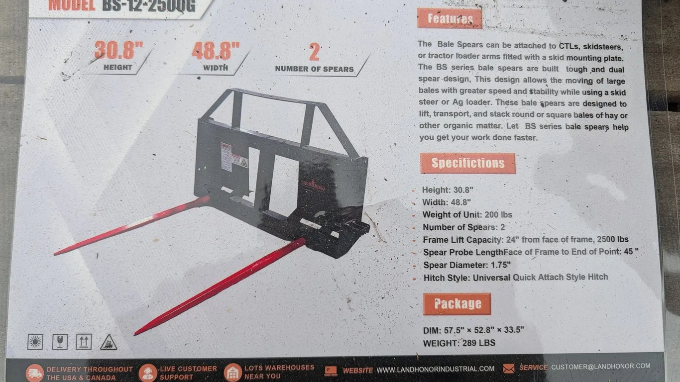 UNUSED LANDHONOR SKID STEER BALE SPEAR BS-12-2500G