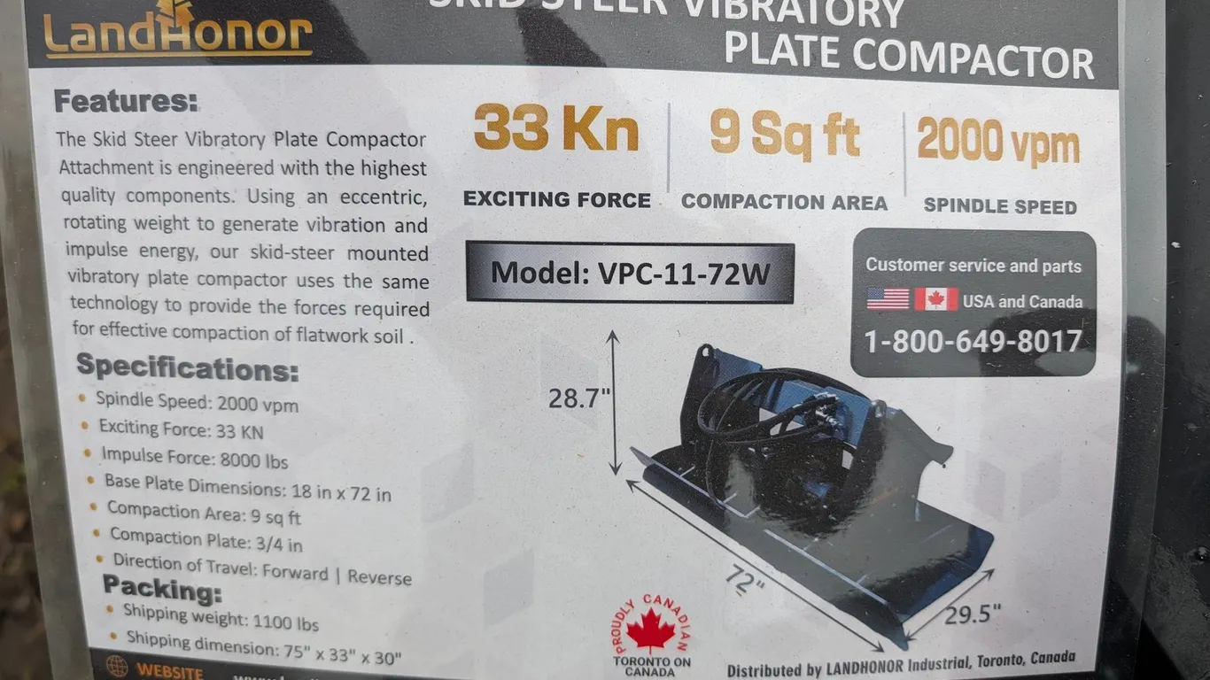 UNUSED LANDHONOR VIBRATORY PLATE COMPACTOR VPC-11-72W