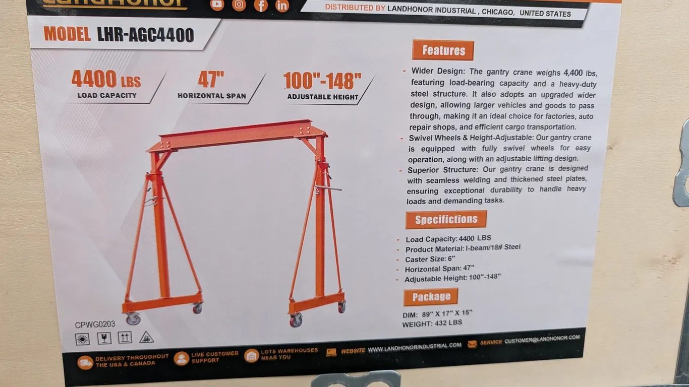 UNUSED LANDHONOR 4400-LB ADJUSTABLE HEIGHT ALL-STEEL GANTRY CRANE LHR-AGC4400