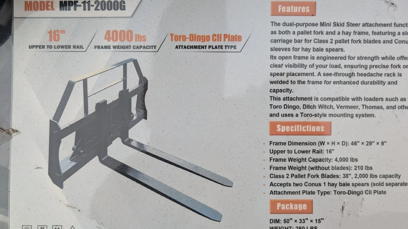 UNUSED LANDHONOR MINI SKID STEER PALLET FORK FRAME MPF-11-2000G