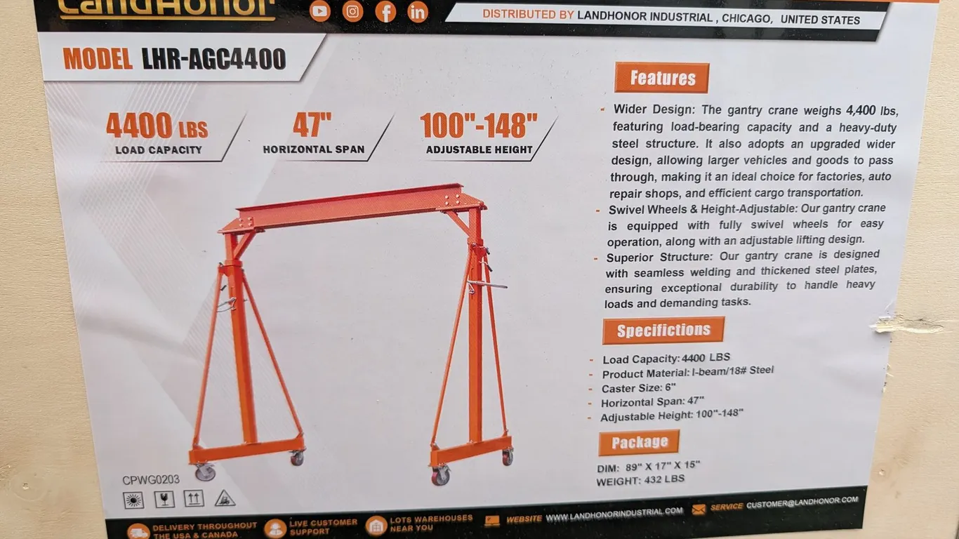 UNUSED LANDHONOR 4400-LB ADJUSTABLE HEIGHT ALL-STEEL GANTRY CRANE LHR-AGC4401