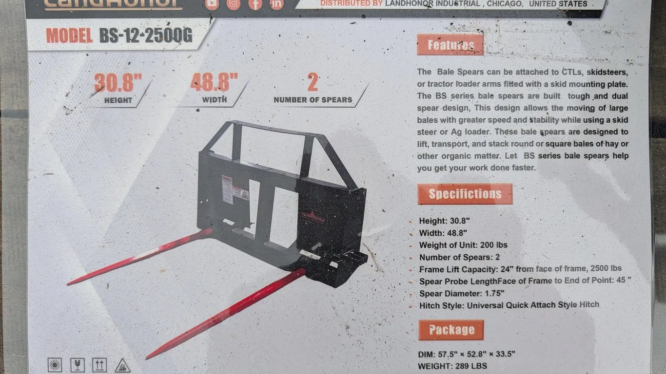 UNUSED LANDHONOR SKID STEER BALE SPEAR BS-12-2500G