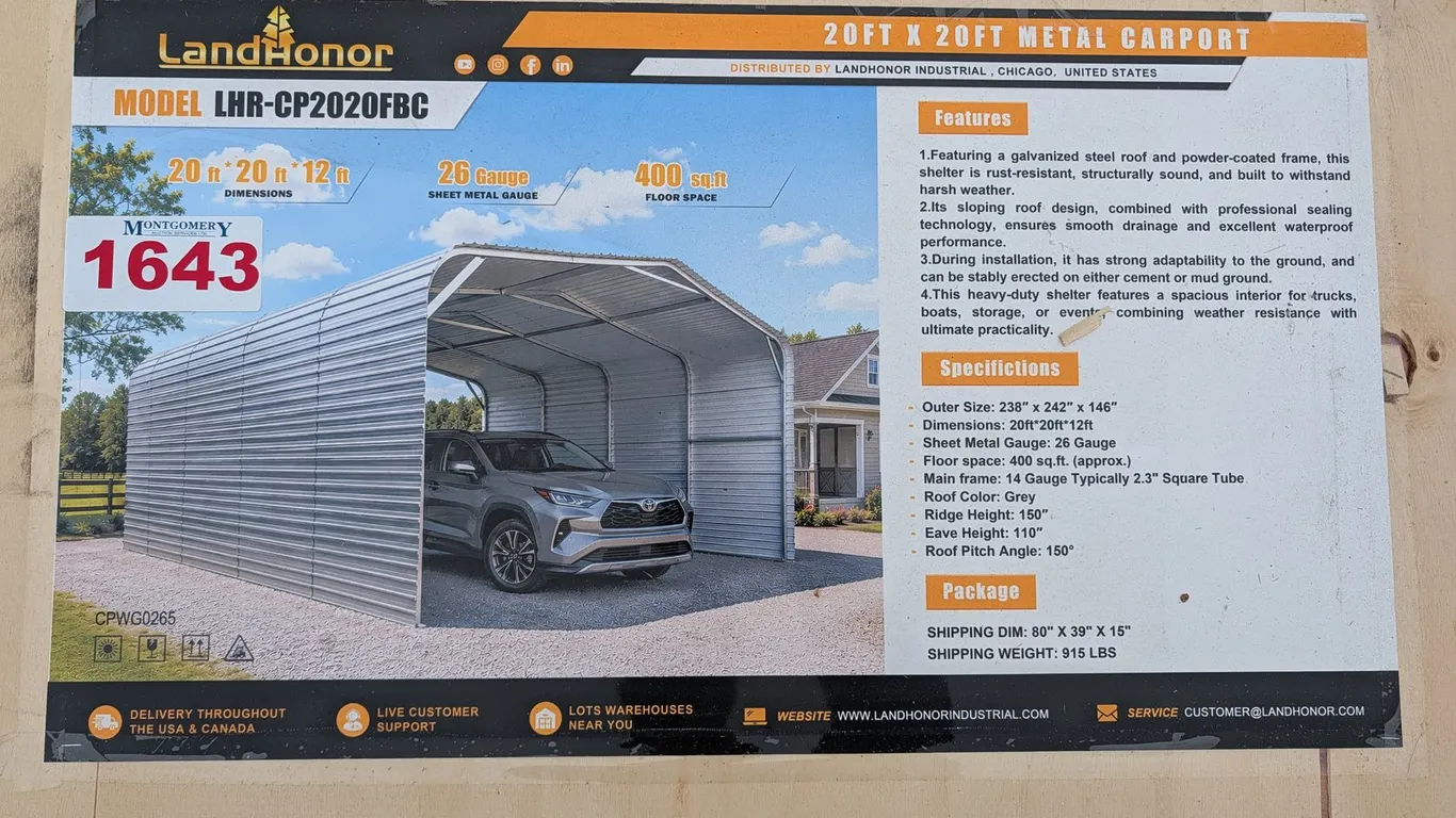 UNUSED LANDHONOR 21 × 20 × 12 FT METAL CARPORT LHR-CP2020FB