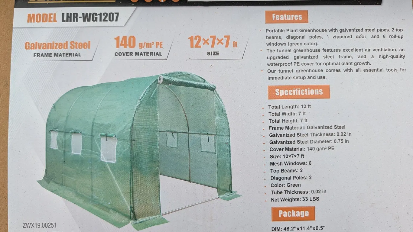 UNUSED LANDHONOR 12 X 7 X 7 FT WALK-IN GREENHOUSE LHR-WG1207