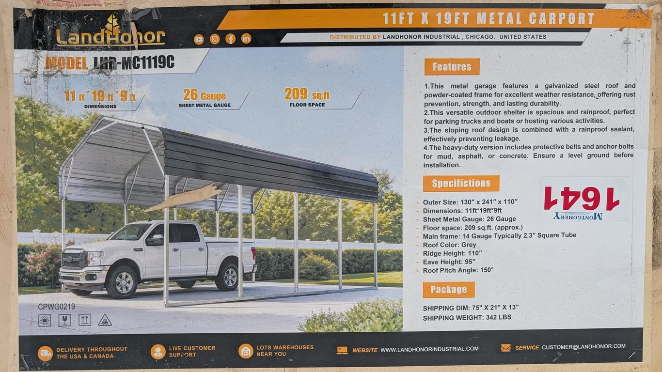 UNUSED LANDHONOR 19 FT X 11 FT X 9 FT METAL CARPORT LHR-MC1119