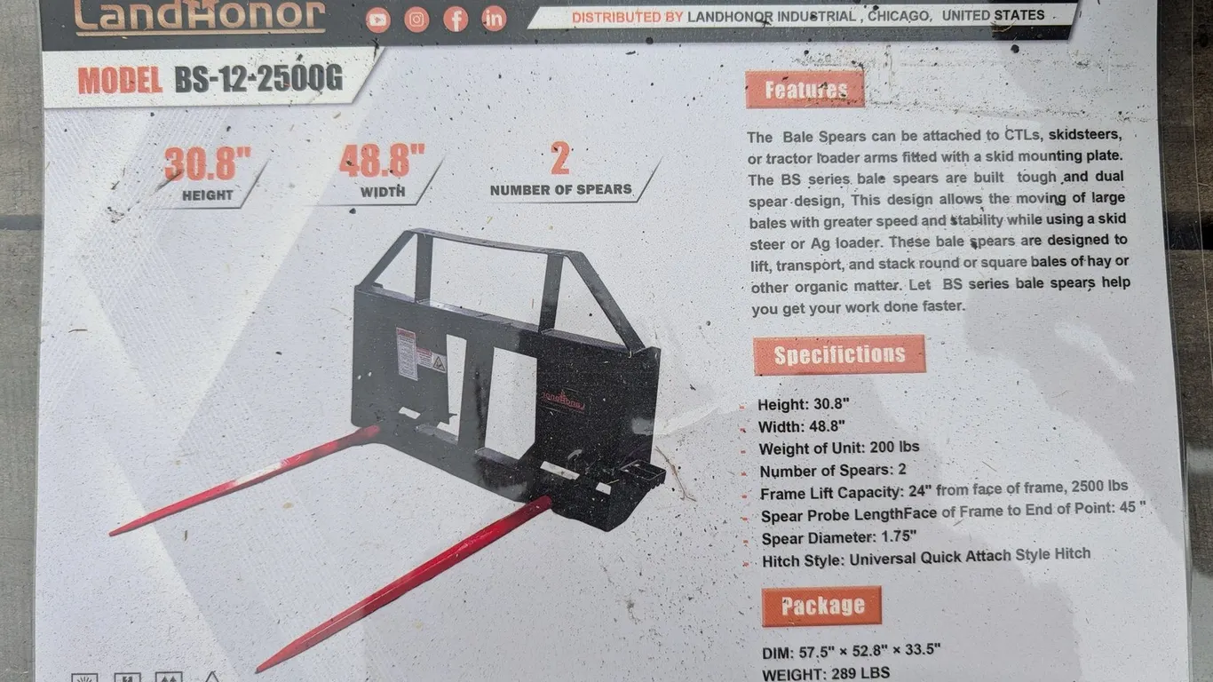 UNUSED LANDHONOR SKID STEER BALE SPEAR BS-12-2500G