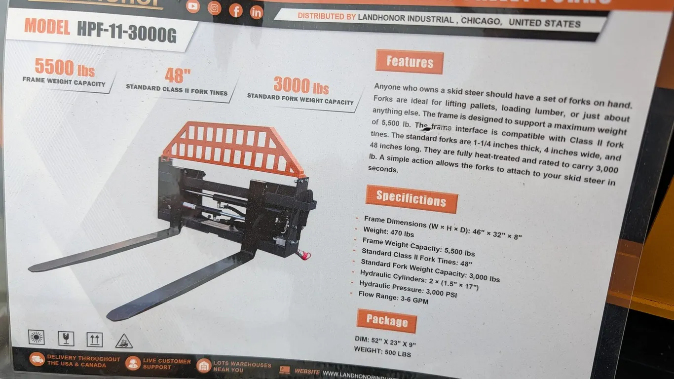 UNUSED LANDHONOR HEAVY DUTY HYDRAULIC FORKS AND FRAME HPF-11-3000G