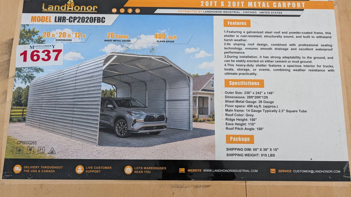 UNUSED LANDHONOR 20 × 20 × 12 FT METAL CARPORT LHR-CP2020FB