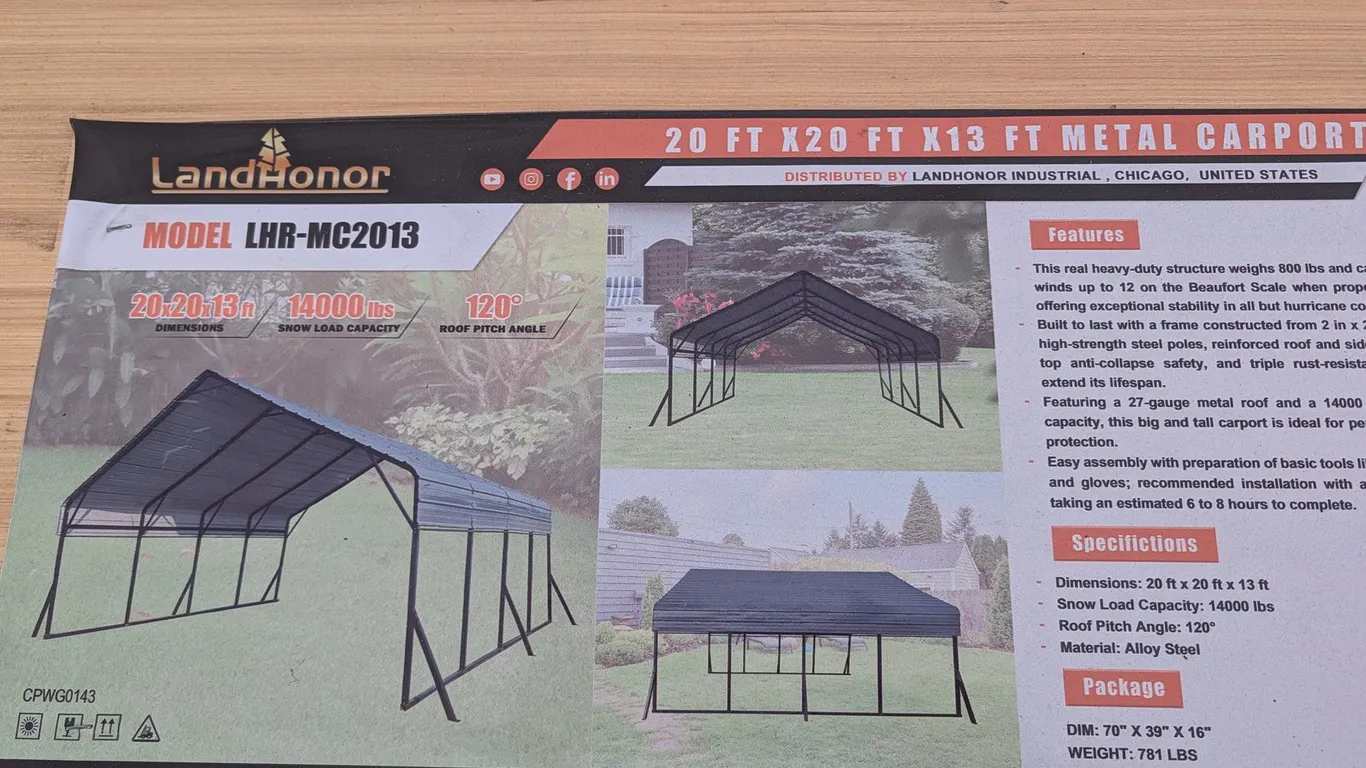 UNUSED LANDHONOR 20 FT X 20 FT X 13 FT METAL CARPORT LHR-MC2013