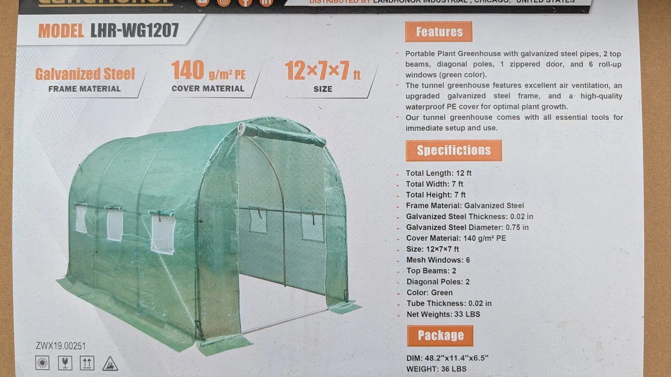 UNUSED LANDHONOR 11 X 7 X 7 FT WALK-IN GREENHOUSE LHR-WG1008