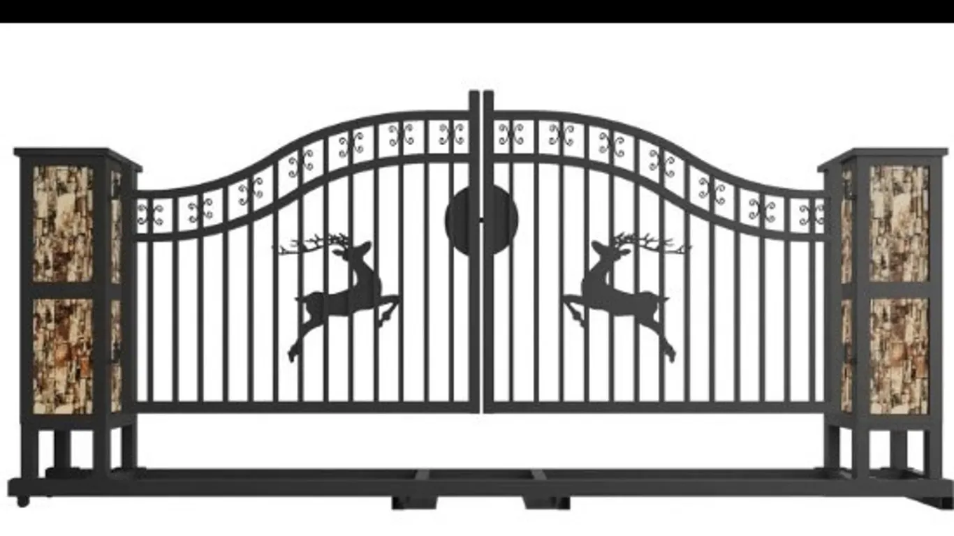 20' IRON GATE - GATE PIER DESIGN - DOUBLE ARC DEER FG-GT-GP-DD