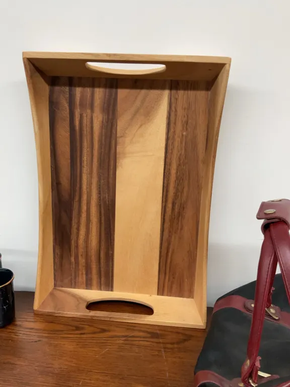 Wooden Serving Tray, Impala II Hand Bag, Homedics Lumbar Cushion, Assorted Household Items
