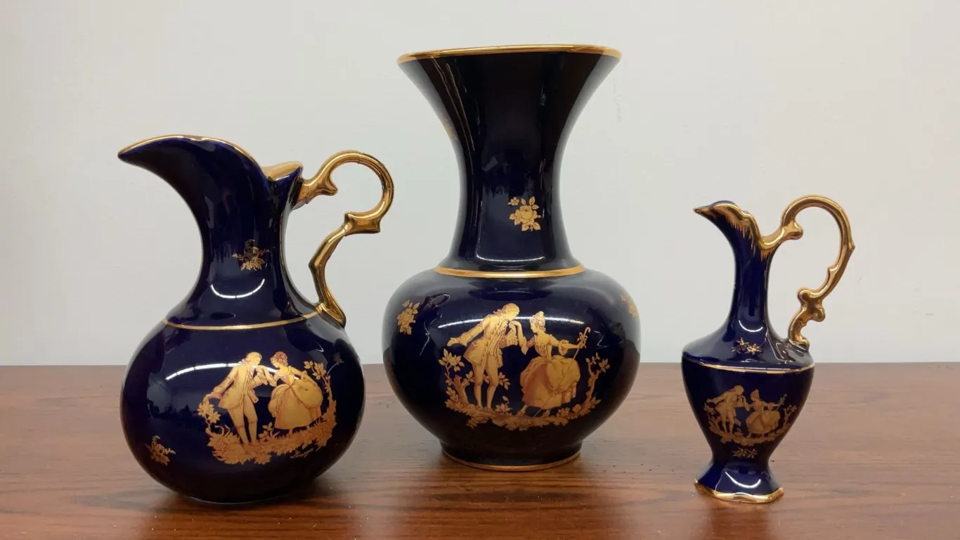 3 Cobalt Blue Porcelain Pieces with Gold