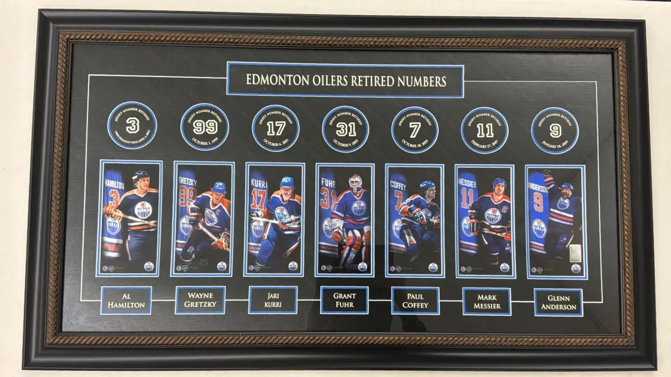 Frameworth Edmonton Oilers Retired Numbers Banner Frame - 7 Legends incl Gretzky 99 and Messier 11