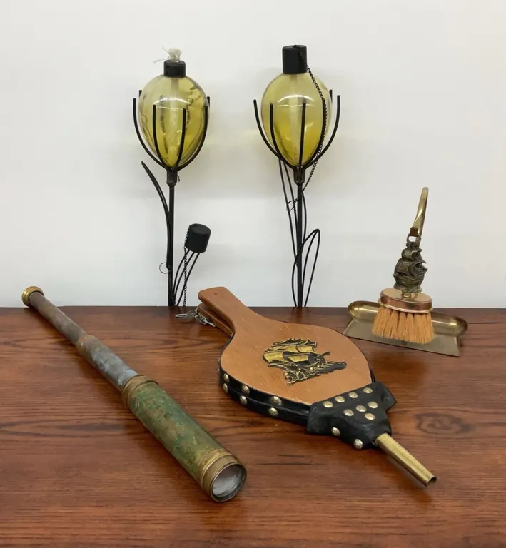Mid-Century 2 Amber Glass Wall Oil Lamps with Galleon Bellows, Ship Brush Set, Brass Spyglass