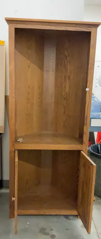 Tall Oak Corner Shelf Unit with Lower Cabinet Door