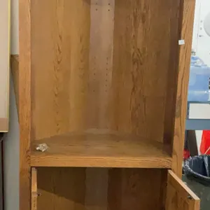 Tall Oak Corner Shelf Unit with Lower Cabinet Door, 72 x 30 x 24 Inches
