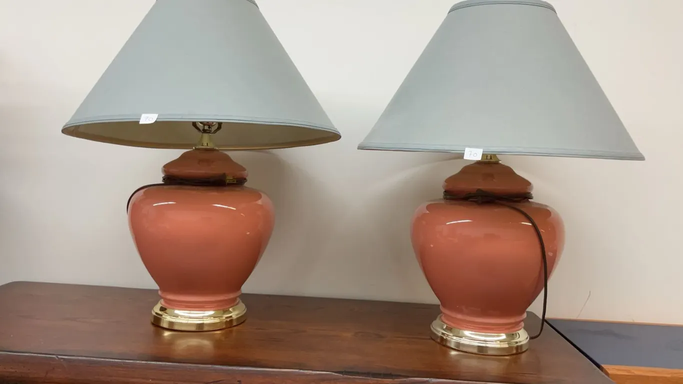 Ceramic Table Lamps with Brass Bases and Light Grey Fabric Shades