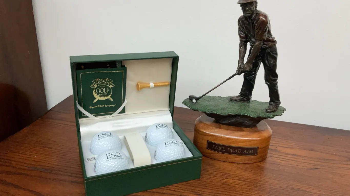 Don Toney Signed Golf Statue, ESQ Golf Watch Gift Box and Accessories