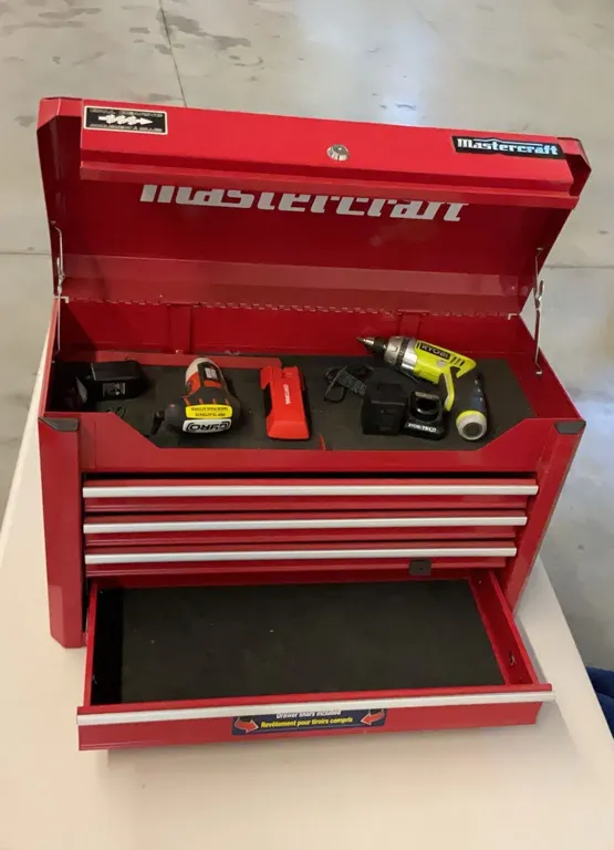 Mastercraft Red Metal Tool Chest With Ryobi Drill, Black+Decker Screwdriver