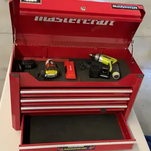 Mastercraft Red Metal Tool Chest With Ryobi Drill, Black+Decker Screwdriver, Accessories