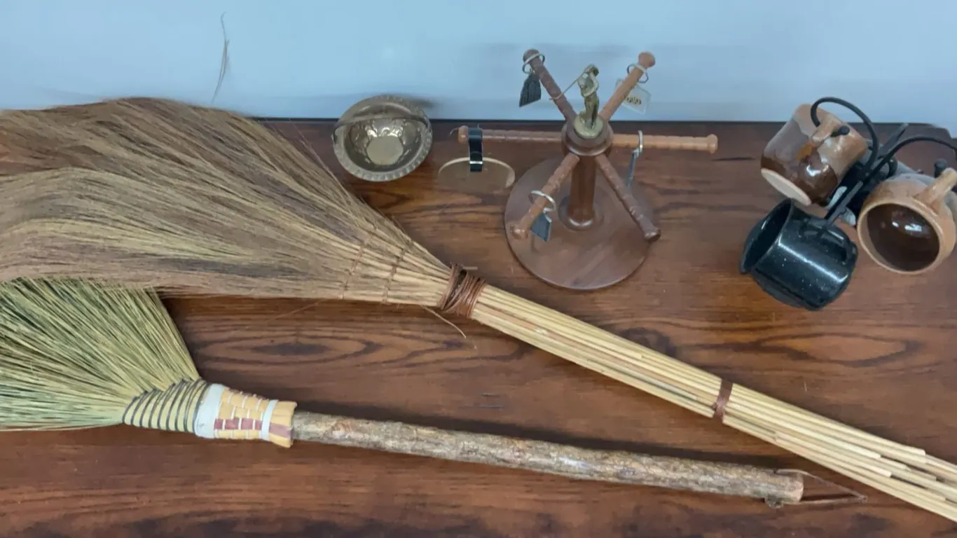2 Handmade Straw Brooms, Brass Bowl, Golf Key Holder, and 4 Mug Set