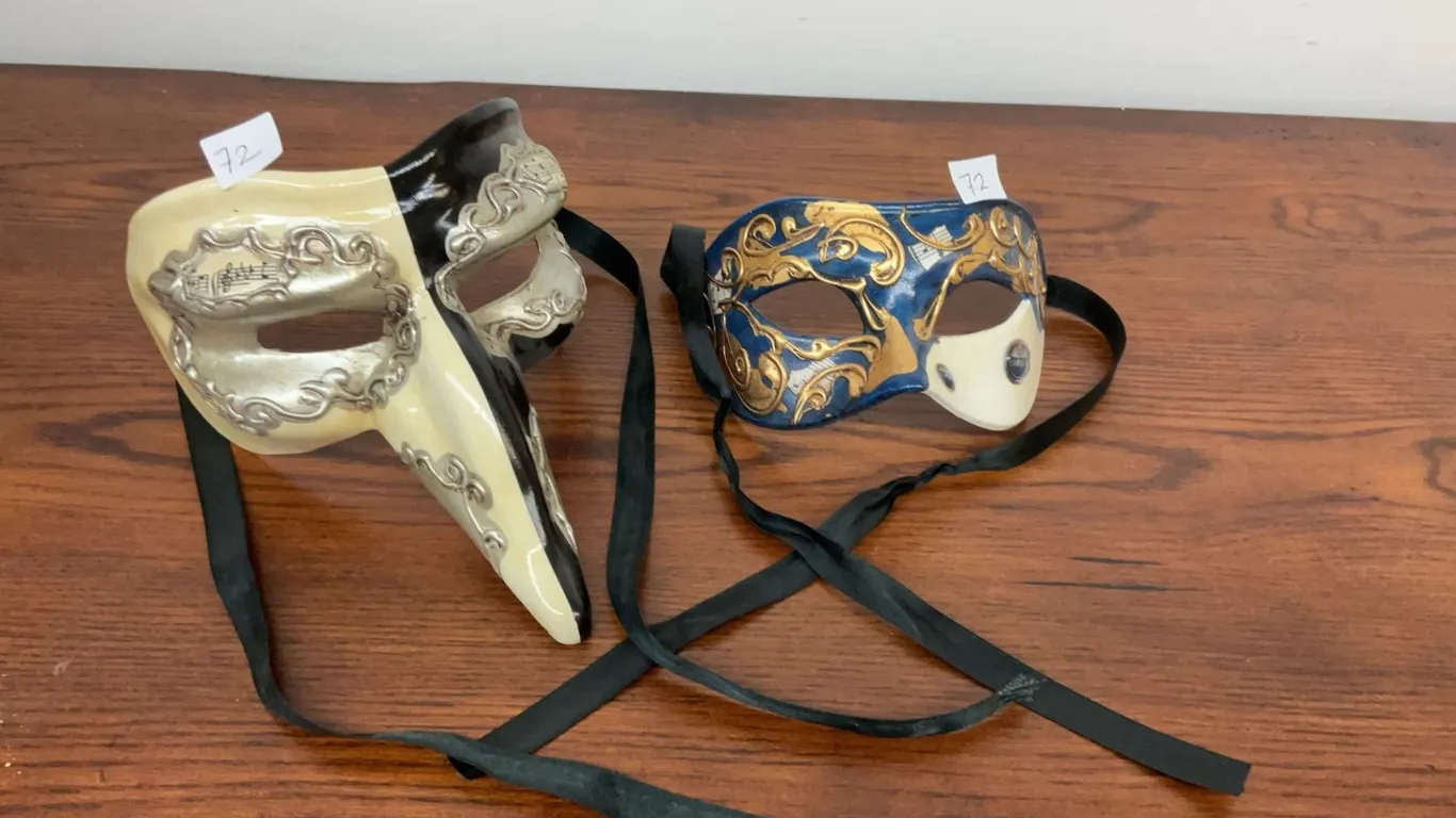 Venetian Masquerade Pair - Long Nose Zanni Mask and Blue and Gold Colombina with Music Motif