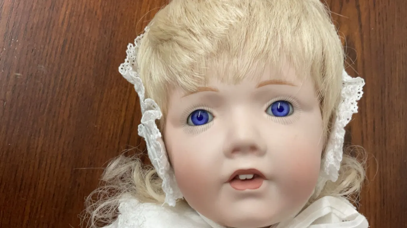 Porcelain Baby Doll in Long White Christening Gown and Lace Bonnet