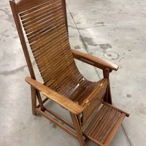 1 Vintage Rosewood-Tone Slatted Folding Lounge Chair - Adjustable Recliner with Extending Leg Rest