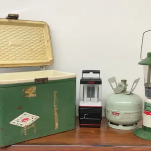 Coleman Camping Lot with Cooler, Lantern, Lantern Stand, Propane Tank, Lantern, Fishing Rod