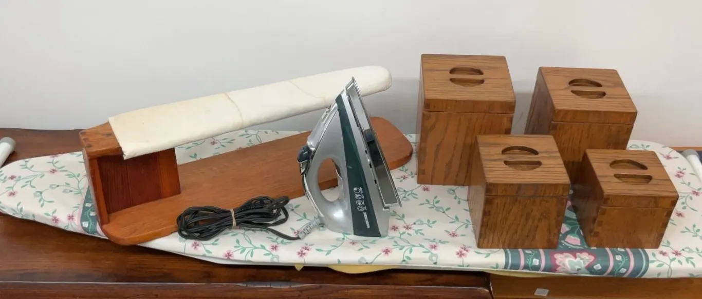 Wooden Storage Boxes with Ironing Board, Sleeve Board, and Black+Decker Iron